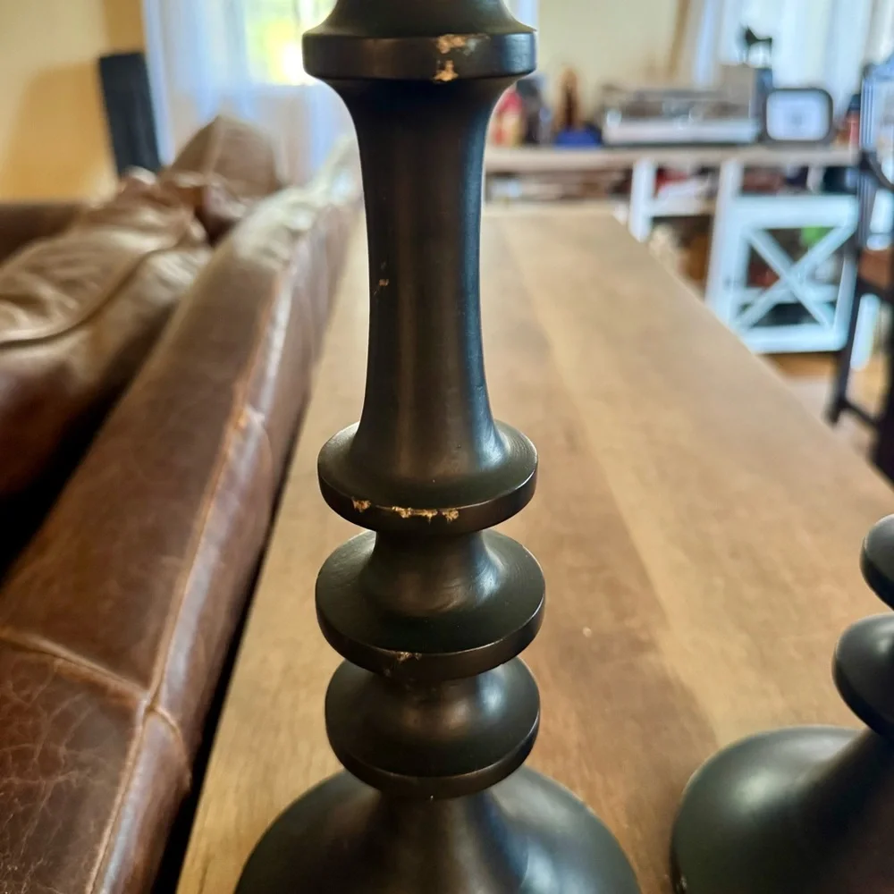 Cost Plus World Market Black Mango Wood Ringed Taper Candle Holder Matte 16